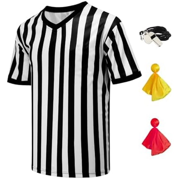 Jointown 4Pcs Referee Shirt Men V-Neck Official Ref Jersey Kit for Basketball Football Soccer Halloween Costume Flag Whistle