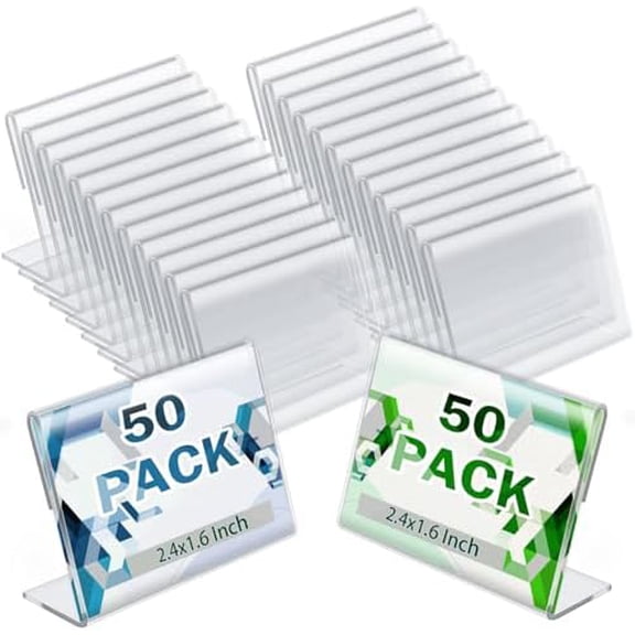 Jointown 50pack Mini Clear Sign Display Holder with Blank Labels,2.36*1.57 Inch Horizontal Slanted L-Shape Plastic Name Card Price Card Tag Label Counter Top Stand