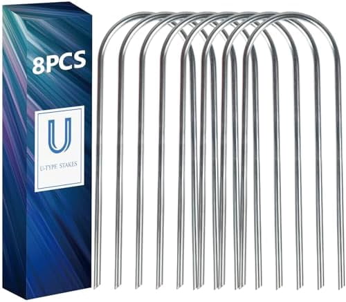 Jointown 8 Pcs Galvanized Trampoline Stakes-10 Inch, Heavy Duty Anti-Rust Garden Stakes, Ground Stakes, Garden Galvanized Landscape Staples Stakes for Trampoline, Camping Tent, Soccer Goal, Silver