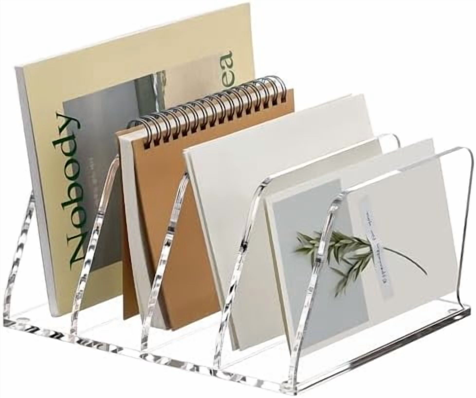 Jointown Acrylic Desk File Sorter Organizer Holder, 4-Section Clear Vertical Letter File Folder Rack, Notebook Magazine Desktop Binder Mails Storage Bookshelf Upright Divider for Home Office School