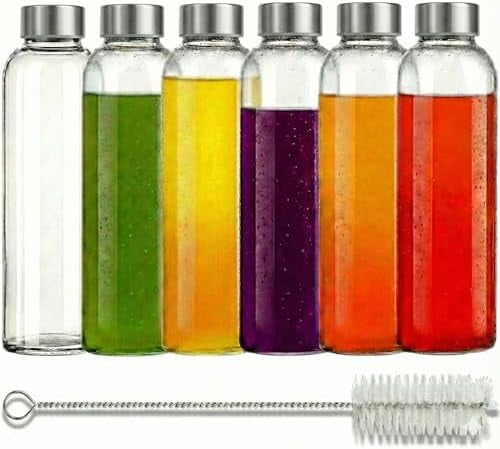Jointown Clear Glass Water Bottles With Caps: 6 Pack, 18 Oz Premium Soda Lime, Reusable Drinking Bottle, Sauce Jar, Juice Beverage Container, Kefir Kit, With Leakproof Lids and Cleaning Brush