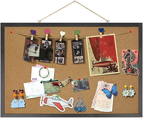 Jointown Cork Board Bulletin Board 23 x 15.7Inches with Rectangle Black Frame Hanging Pin for Walls Office Message Board or Vision Board Decoration