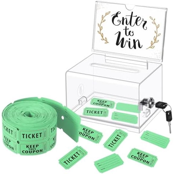 Jointown Enter to Win Raffle Ticket Box with 500 Raffle Ticket Double Roll and Slot Clear Acrylic Donation Box with Lock 6.3" x 4.7" x 3.9" Ballot Holder with 2 Keys for Game Suggestion(Green)