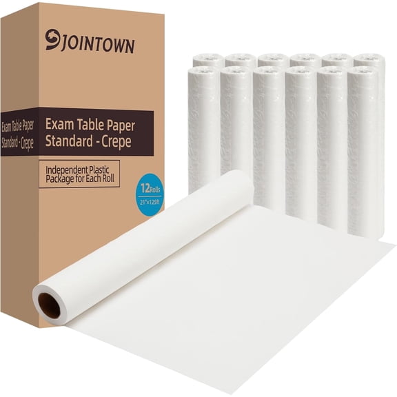 Jointown Exam Table Paper, Crepe Table Paper 21 in X 125 ft, Case of 12 Rolls-Barrier Protection-Independent Plastic Package-Hygienic, Disposable, Reliable For Medical, Exam And Chiropractic Tables