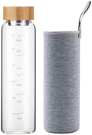 Jointown Glass Water Bottle 32 oz Wide Mouth with Sleeve Bamboo Lid Motivational Water Bottle With Time Marker Reusable Safe for Hot Cold Drinks Bpa Free (Gray)