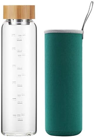 Jointown Glass Water Bottle 32 oz Wide Mouth with Sleeve Bamboo Lid Motivational Water Bottle With Time Marker Reusable Safe for Hot Cold Drinks Bpa Free (Green)