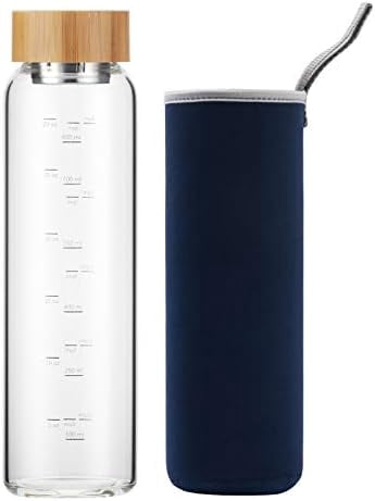Jointown Glass Water Bottle 32 oz Wide Mouth with Sleeve Bamboo Lid Motivational Water Bottle With Time Marker Reusable Safe for Hot Cold Drinks Bpa Free (Navy Blue)