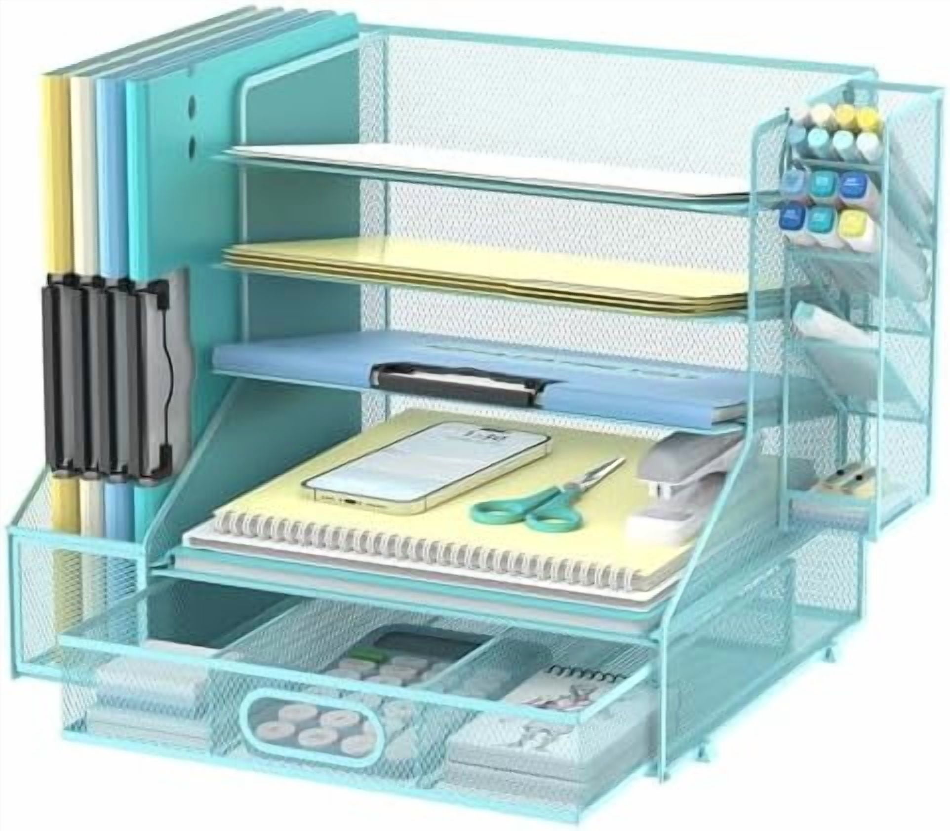 Jointown Mesh Desk Organizer, 5-Tier Paper Letter Tray with File Holder & Pen Holder & Sliding Drawer, Desktop Organizer and Storage for Desk Accessories Office Supplies, Blue