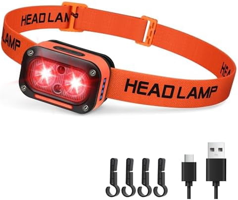 Jointown Red LED Headlamp Dual Light High Lumens USB Rechargeable Redlight Headlight for Hardhat with Motion Sensor, Up/Down Adjustable, Waterproof Head Lamps for Camping, Fishing, Hunting
