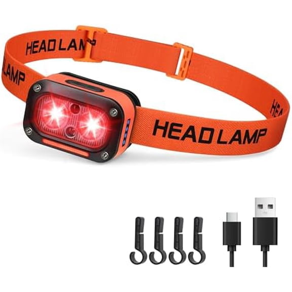 Jointown Red LED Headlamp Dual Light High Lumens USB Rechargeable Redlight Headlight for Hardhat with Motion Sensor, Up/Down Adjustable, Waterproof Head Lamps for Camping, Fishing, Hunting