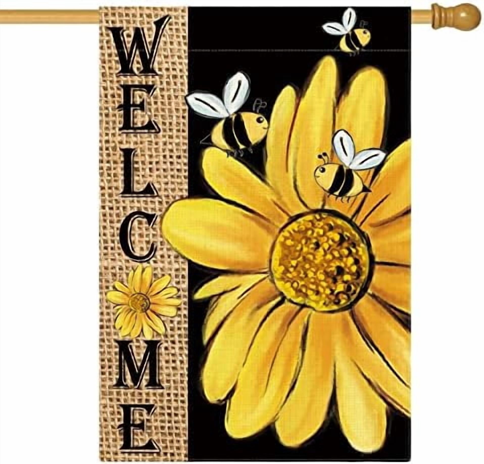 Jointown Spring Summer Bee Sunflower House Flag 28x40 Inch Double Sided, Welcome Holiday Burlap Yard Outdoor Decoration