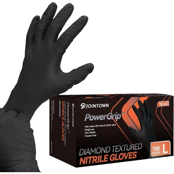 Jointown Upgraded 10 Mil Heavy Duty Nitrile Gloves, Mechanic Gloves Nitrile Disposable, with Raised Diamond Texture, Case of 100, Black, Large