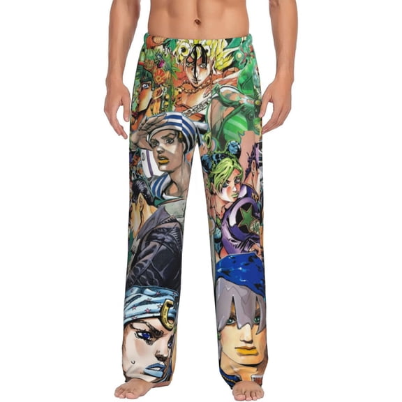 Jojo'S Bizarre Adventure Men's Pajama Pants Cartoon All Over Print Elastic Waistband Sleep Pants with Pockets Drawstring, Soft Unisex Lounge Bottoms Sleepwear