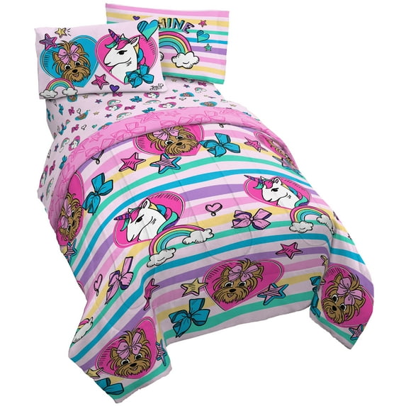 Jojo Siwa 5-Piece Unicorn Shine Striped Kids Bedding Set w/ Reversible Pink Bows Comforter
