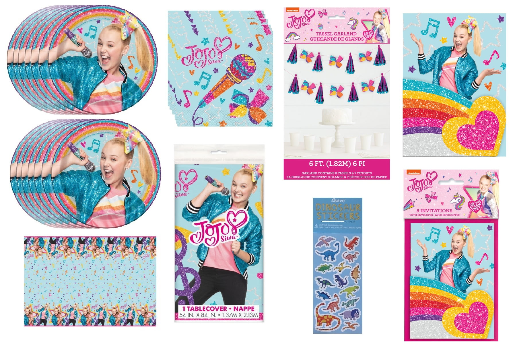 Jojo Siwa Birthday Party Supplies Bundle includes 16 Plates 7", 16 Napkins, 1 Table Cover, 1 Tassel Garland, 16 Party Invitations, 1 Dinosaur Sticker