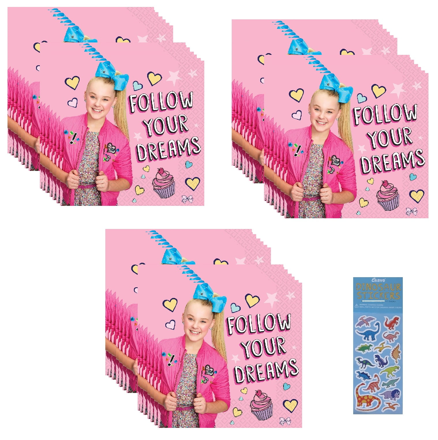 Jojo Siwa Birthday Party Supplies Bundle includes 32 Paper Napkins 2-Ply 6.5", 1 Dinosaur Sticker Sheet