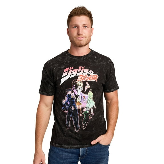 Jojo's Bizarre Adventure Group Shot Logo Text Adult Black Mineral Wash Crew Neck Short Sleeve T-shirt-Small