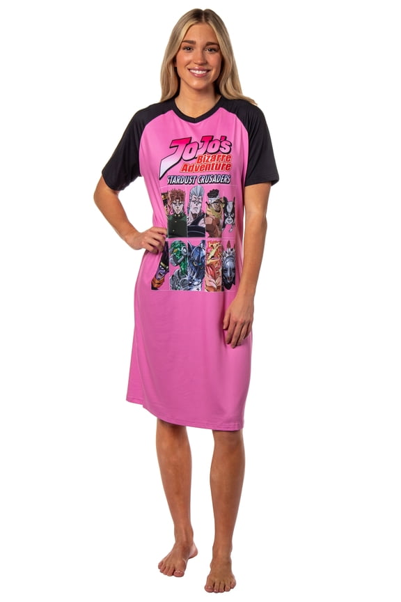 Jojo's Bizarre Adventure Womens' Stardust Crusaders Character Grid V-Neck Pajama Sleep Shirt Raglan Nightgown