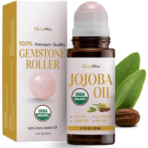 Jojoba Oil Roll On Facial Serum - 100% Pure Natural USDA Organic Cold Pressed - Acne-Prone Skin Treatment Hair Scalp Beard - Non-GMO Hexane Free Unrefined - Natural Stone Roller Amber Glass 1.7 Fl Oz