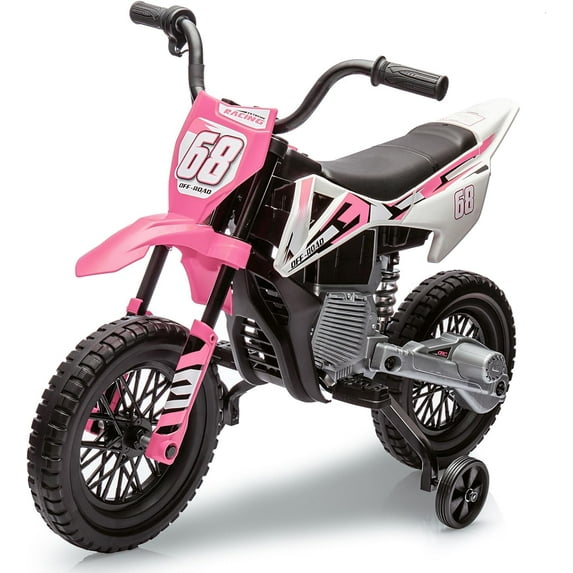 Jojoka 12V Electric Dirt Bike, Kids Ride on Motorcycle with Twist Grip Throttle and 2 Training Wheels, Dirt Bikes and Motorcycles 3-8 years, Pink