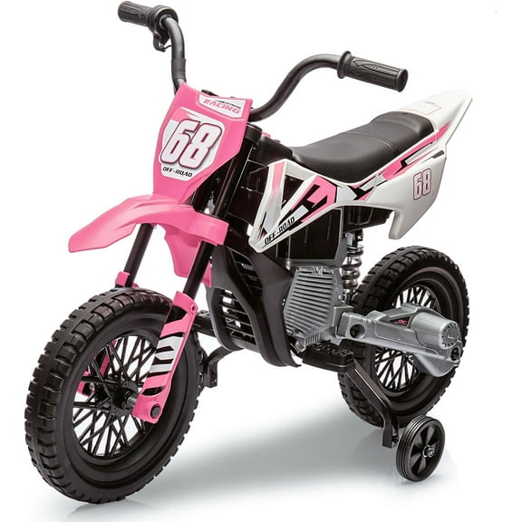 Jojoka 12V Electric Dirt Bike, Kids Ride on Motorcycle with Twist Grip Throttle and 2 Training Wheels, Dirt Bikes and Motorcycles 3-8 years, Pink