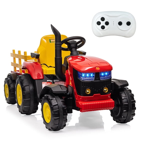 Jojoka 12V Kids Ride on Tractor with Trailer & Remote Control, Battery Powered Electric Ride on Toys wtih 35W*2 Motors, Spring Suspension, 6 Wheels, 3 Speed, LED Lights, Bluetooth, Music, Red