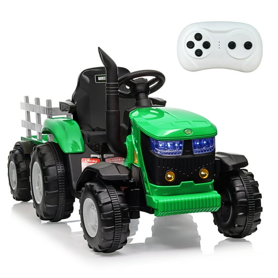 Jojoka 12V Kids Ride on Tractor with Trailer & Remote Control, Battery Powered Electric Ride on Toys wtih 35W*2 Motors, Spring Suspension, 6 Wheels, 3 Speed, LED Lights, Bluetooth, Music, Green