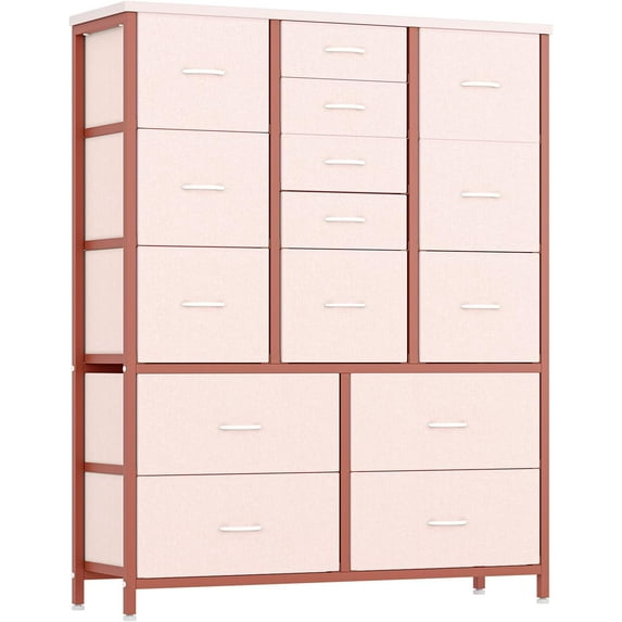 Jojoka 15 Drawers Dresser for Bedroom, Tall Dressers & Chests of Drawers for Hallway, Entryway, Storage Organizer Unit with Fabric, Sturdy Metal Frame, Wood Tabletop, Easy Pull Handle (Pink)