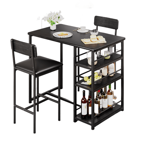 Jojoka 3 Piece Dining Set for 2, Bar Table with Storage Shelf and 2 Height Upholstered Chairs Wood Top Dinette Breakfast Furniture for Small Space, Kitchen, Apartment, Dining Room, Rustic Black