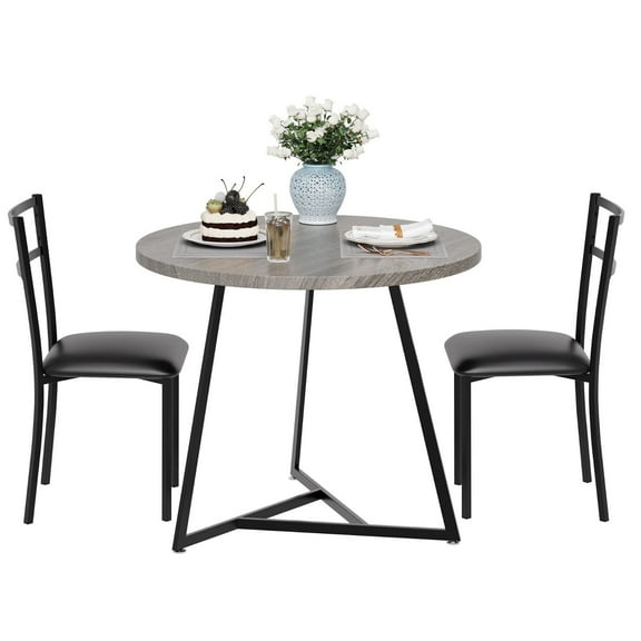Jojoka 3 Piece Dining Set for 2, Round Table and 2 Upholstered PU Leather Chairs, Metal Frame & Wood Top Breakfast Furniture for Small Space, Kitchen, Apartment, Dining Room, Rustic Grey