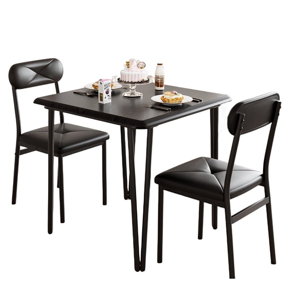 Jojoka 3 Piece Dining Set for 2, Table and 2 PU Leather Upholstered Chairs, Wood Top Breakfast Dinette for Small Space, Kitchen, Apartment, Dining Room, Rustic Black (Diamond Seat Back)