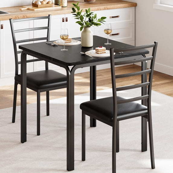 Jojoka 3 Piece Dining Set for 2, Table and 2 PU Leather Upholstered Chairs, Wood Top Breakfast Dinette for Small Space, Kitchen, Apartment, Dining Room, Rustic Black (Metal Seat Back)