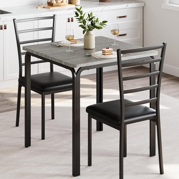 Jojoka 3 Piece Dining Set for 2, Table and 2 PU Leather Upholstered Chairs, Wood Top Breakfast Dinette for Small Space, Kitchen, Apartment, Dining Room, Rustic Grey (Metal Seat Back)
