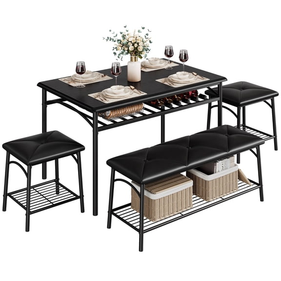 Jojoka 4 Piece Dining Set for 4, Table with Wine Rack and 2 Upholstered Stools & Bench with Storage Shelf, Wood Top Breakfast Dinette for Small Space, Kitchen, Apartment, Dining Room, Rustic Black
