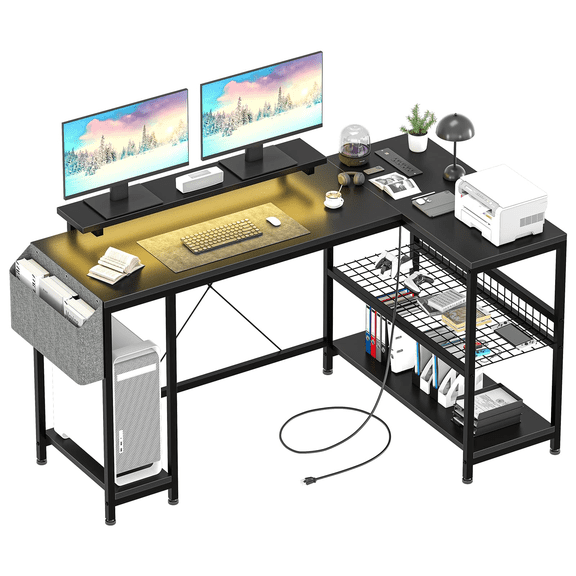 Jojoka 49.6" Reversible L Shaped Computer Gaming Desk with LED Light & Power Outlets, Corner PC Desk with Storage Shelves & Monitor Stand, Home Office Desk, Writing Desk, Workstation, Black