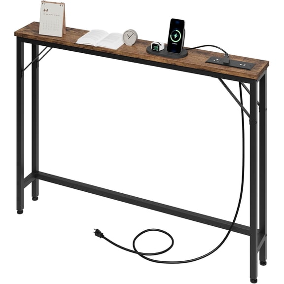 Jojoka 5.9" Narrow Sofa Table with Power Outlets, Slim Console Table, Farmhouse Behind Couch Table with Metal Frame & Wood Top for Entryway, Hallway, Foyer, Living Room - Rustic Brown