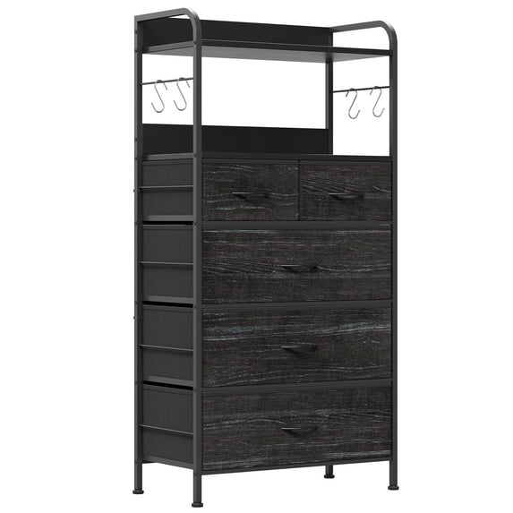 Jojoka 5-Drawers Dresser for Bedroom, Chests of Drawers with Hooks, Wood Table Top, Sturdy Metal Frame, Fabric Storage Organizer Cabinet for kitchen, Living Room, Hallway, Entryway, Rustic Black