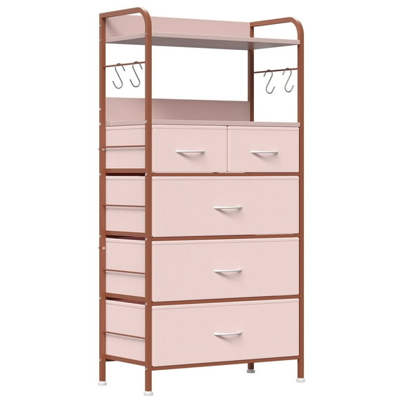 Jojoka 5-Drawers Dresser for Bedroom, Chests of Drawers with Hooks, Wood Table Top, Sturdy Metal Frame, Fabric Storage Organizer Cabinet for kitchen, Living Room, Hallway, Entryway, Pink