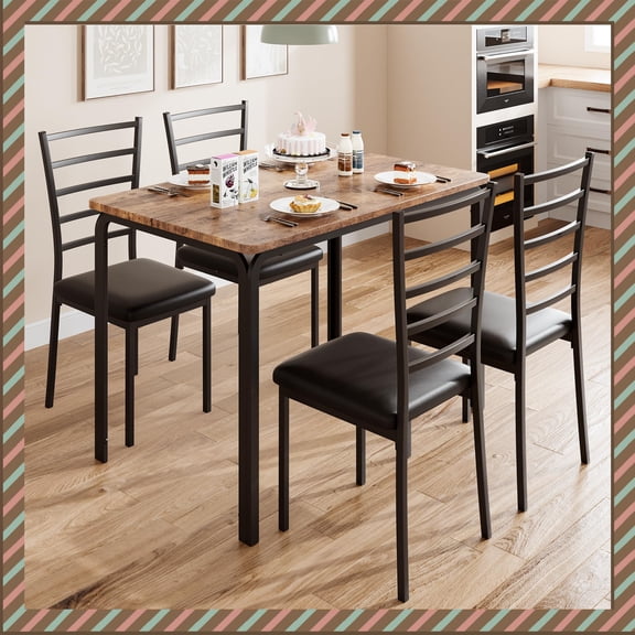 Jojoka 5-Piece Modern Dining Table Set for 4, Space-Saving Dinette with PU Leather Chairs, Square Table for Kitchen or Apartment, Rustic Brown