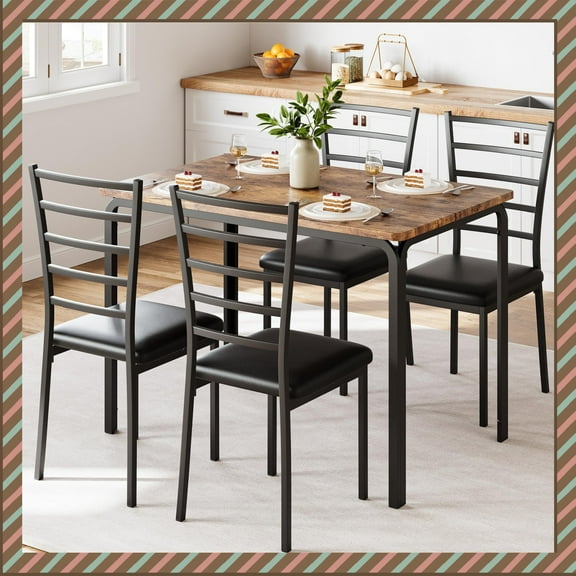 Jojoka 5-Piece Space-Saving Dining Table Set for 4 with Cushioned Chairs, Industrial Metal Frame, Compact Kitchen Table for Small Spaces, Rustic Brown