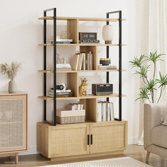 Jojoka 5 Tier Rattan Bookshelf with Storage Cabinet & Door, 71.1 Inch Tall Industrial Book Shelf with Open Display Shelves, 5 Shelf Bookcase with Metal Frame for Living Room, Bedroom - Burlywood