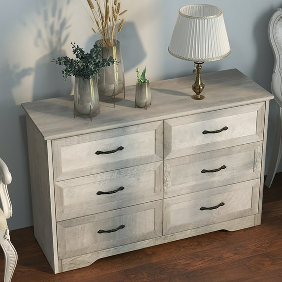 Jojoka 6-Drawers Double Dresser for Bedroom, Wood Chest of Drawers, TV Stand for 55" TV Storage Organizer Cabinet for Living Room, Entryway, Hallway, Grey
