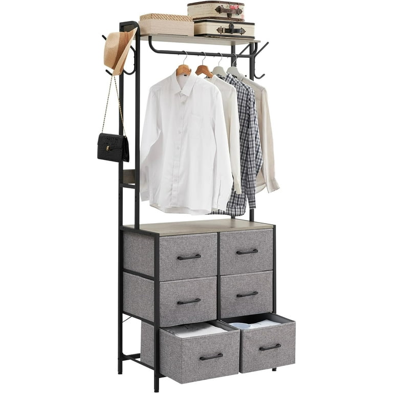 Jojoka 6-Drawers Dresser with Clothes Rack, 4 Hooks and Hanging Rods, Chest of Drawers Storage Organizer with Metal Frame, Wood Top & Fabric Drawer for Bedroom, Living Room, Entryway, Hallway, White - Jojoka 6-Drawers Dresser with Clothes Rack, 4 Hooks and Hanging Rods, Chest of Drawers Storage Organizer with Metal Frame, Wood Top & Fabric Drawer for Bedroom, Living Room, Entryway, Hallway, White -