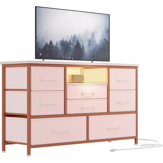 Jojoka 8 Dresser TV Stand with Power Outlet & LED for 55'' TV, Long Dresser for Bedroom with 8 Deep Drawers, Wide Console Table for Storage in Closet, Living Room, Entryway, Wood Top
