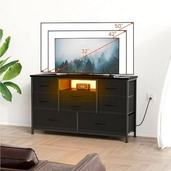 Jojoka 8 Dresser TV Stand with Power Outlet & LED for 55'' TV, Long Dresser for Bedroom with 8 Deep Drawers, Wide Console Table for Storage in Closet, Living Room, Entryway, Wood Top