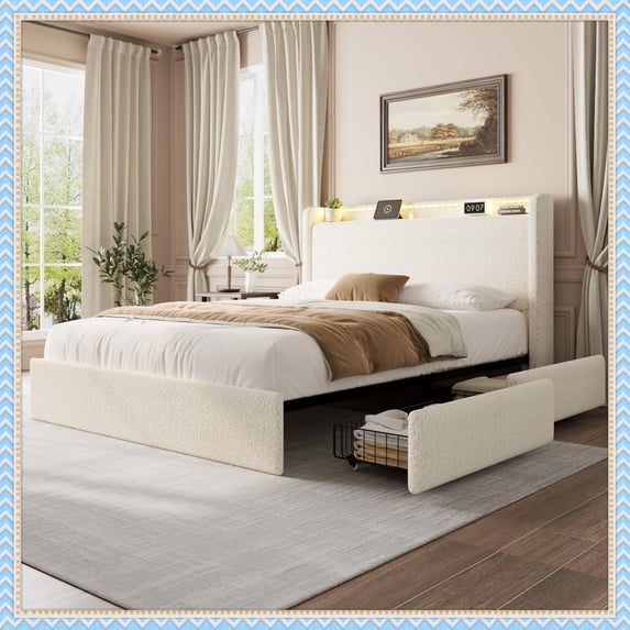 Jojoka Bed Frame with Storage Headboard, Charging Station & LED Lights, Full Size Bed with 4 Drawers, No Box Spring Needed, Noise-Free Design, White