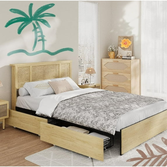 Jojoka Boho Queen Bed Frame with Handwoven Natural Rattan Headboard, 4 Large Storage Drawers, Heavy-Duty Metal Frame with Wood Slats, Noise-Free Design, No Box Spring Needed