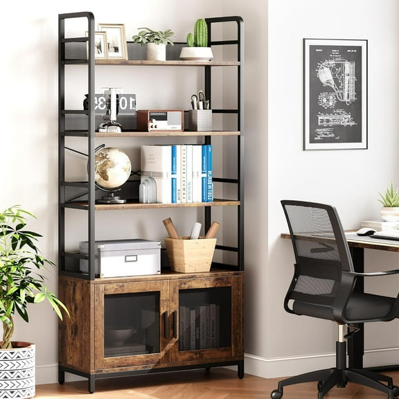 Jojoka Bookshelf with Mesh Doors, Industrial Bookcase with 4-Tiers Open Display Racks, Large Storage Shelf Cabinet for Bedroom, Living Room, Home Office, Rustic Brown