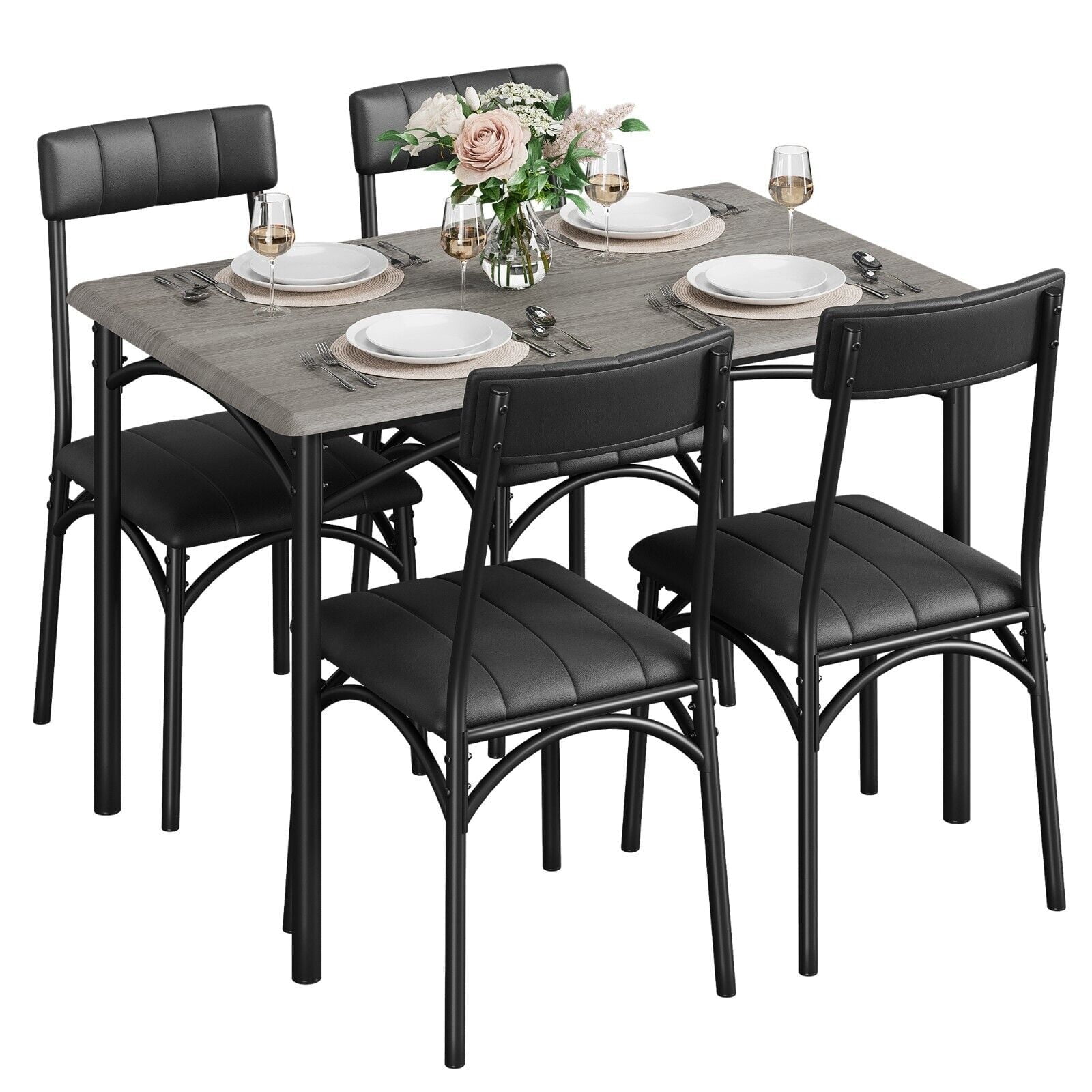 Gray MDF and Metal Dining Table Set with 4 Upholstered Chairs