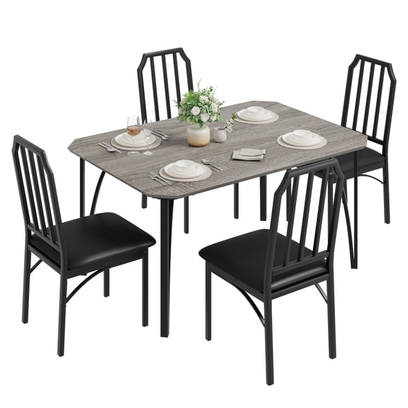 Jojoka Dining Set for 4, Wood Top Table with 4 PU Leather Upholstered Chairs Dinette for Small Space, Kitchen, Apartment, Dining Room, Rustic Grey
